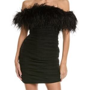 Rachel Gilbert Zion Mini Dress in Black with Feather‎ Trim Size US 4